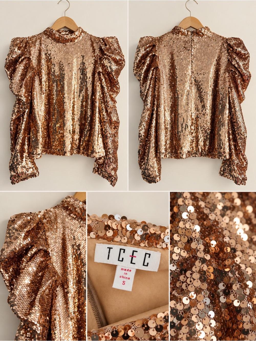 TCEC Metallic Rose Gold Sequin Puff Sleeve Top